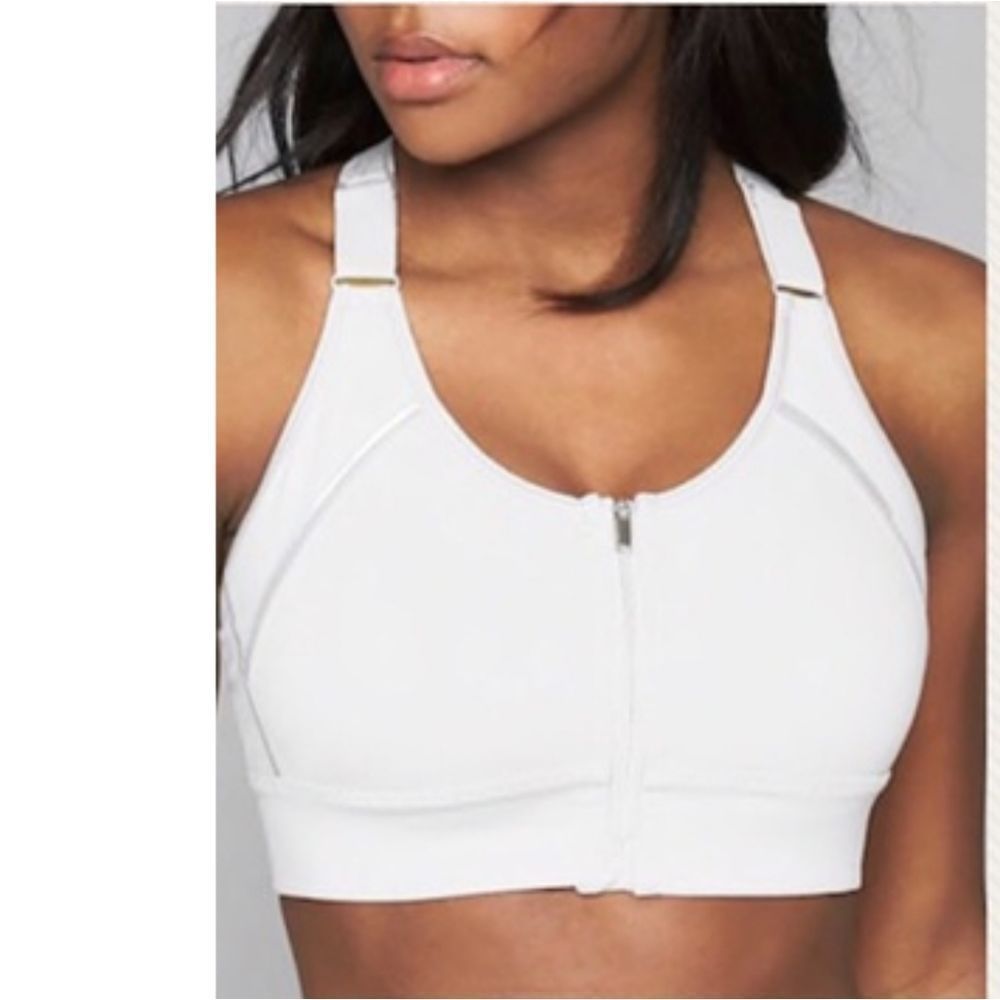 ATHLETA "Empower" White/Silver Halter  Zip-front‎ Reflective Sports Bra Size XS
